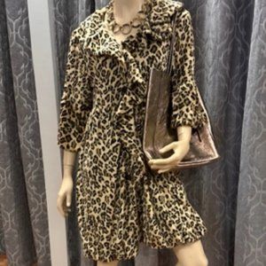 Lindi Leopard Print Faux Fur Lined Featuring Ruffle Collar, Front & Sleeve
